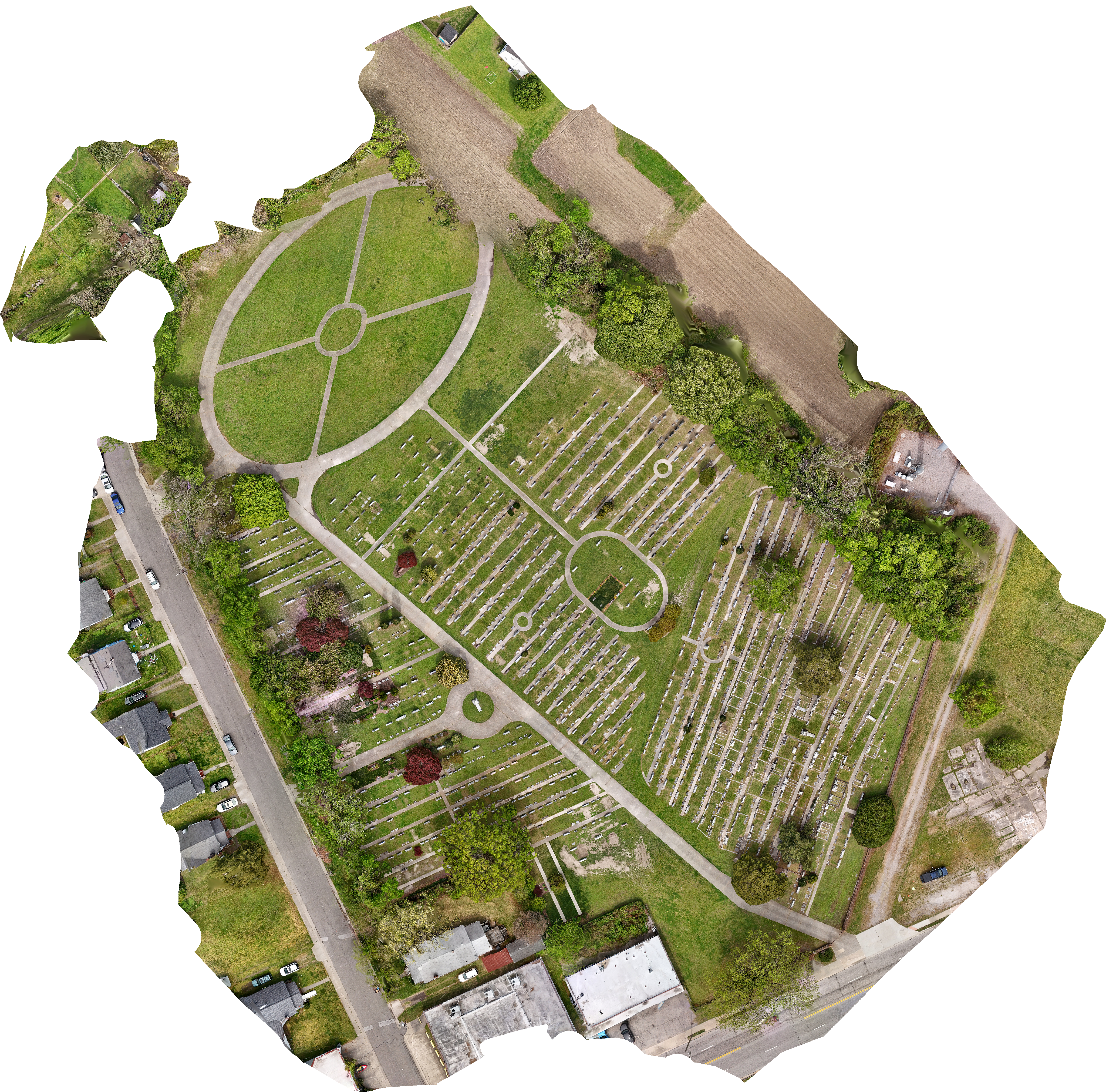 Photogrammetric 3D reconstruction of a cemetery in Hampton, Virginia, shown from an oblique aerial angle